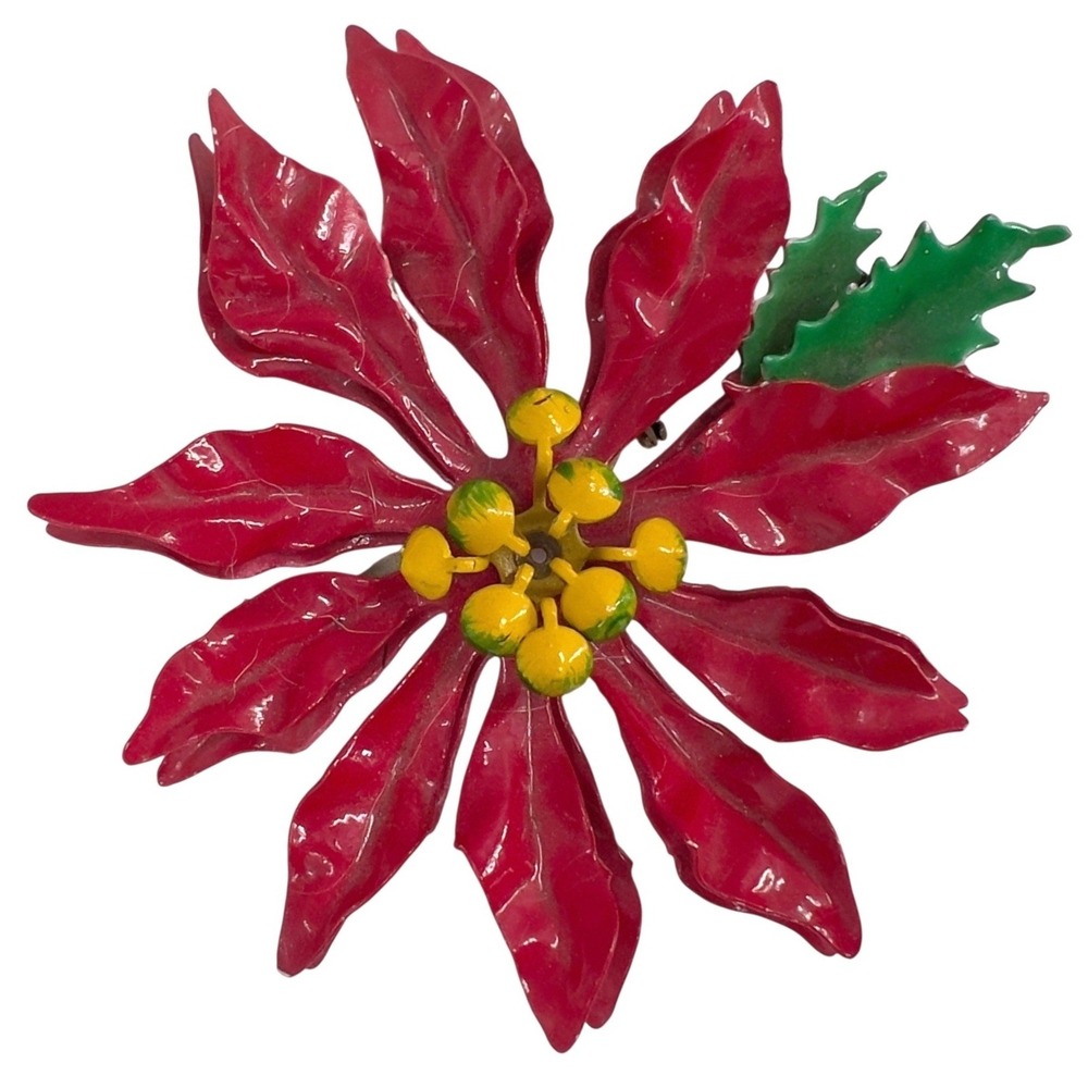 Vintage Red Enamel Poinsettia Brooch Christmas Holiday Flower Holly Pin‎ Large